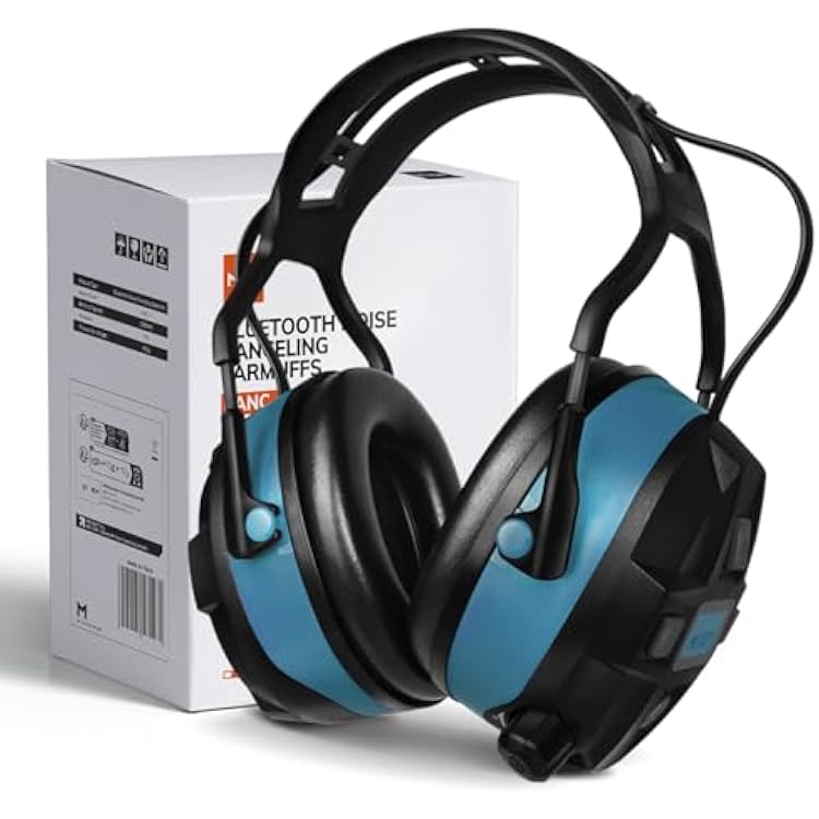 MIUI Bluetooth 5.0 Hearing Protection Rechargeable Ear Headphones, 29dB NRR Safety Noise Reduction EarMuffs 36H Playtime for Lawn Mower, Construction, Workshops, Mowing With Radio Blue