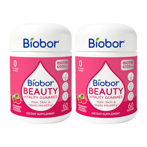 Biobor Beauty Gummies, Natural 6000mcg Biotin Gummies for Women Men, No Sugar Added Hair Skin and Nails with Vitamins A C E, GMO Free, Gluten Free,120 Count