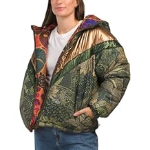FARM Rio Women's Green Cool Leopard Hooded Metallic Quilted Reversible Puffer Jacket Size Large