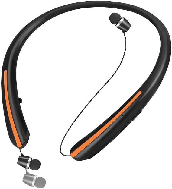 Wireless Bluetooth Neckband Headphones Auto Retractable Earbuds,CVC8.0 Noise Cancelling,IPX6 Waterproof Earphones,16 Hrs HD Talktime Soft Silicone Material for Working,Orange