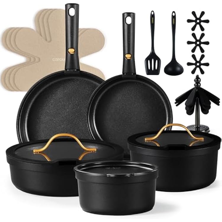 CAROTE 19pcs Pots and Pans Set Non Stick, Nonstick Cookware Set, DishwasherOvenFridge Safe Pots and Pans, Removable Handle RV Oven Safe Cookware, Induction Kitchen Set, Black