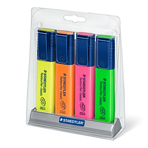 STAEDTLER Textsurfer Classic Highlighters - 4 Colors Rainbow Set with Stand, Ultra-Soft Chisel Tip, Fast-Drying Ink, Large Reservoir for Extended Use