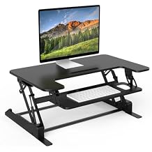 Mount-It! Standing Desk Converter - Height Adjustable Stand Up Desk with Gas Spring Riser - Wide 36 Inch Sit Stand Workstation Fits Dual Monitors Black (MI-7926)