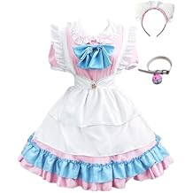 5 Piece Kawaii Women Maid Costume, Cat Ears Headband Bell Choker Apron Lolita Dress, Anime Cosplay Halloween Outfits