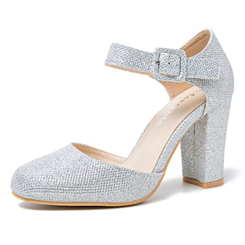 fereshte Womens Chunky Block Heel Mary Jane Pumps, Ankle Strap with Buckle, 3.54 Inch Dress Shoes