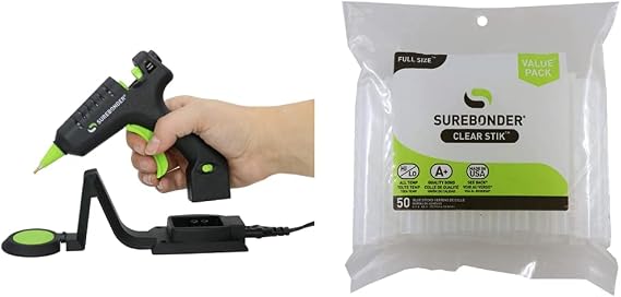 Surebonder Cordless/Corded High Temperature Mini Hot Glue Gun With Detail Tip, 20 Watt, Recharge With Portable Heat Stand (CL-195F) & DT-50 All Temperature 50 Glue Sticks, 4-Inch
