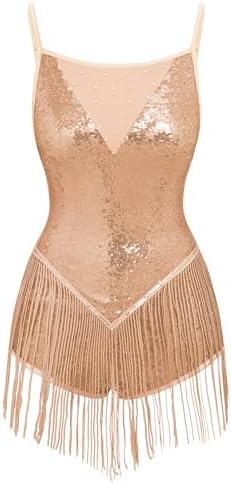 IBAKOM Women Fringe Sequins Bodysuit Latin Jazz Dance Dress Sparkly Tassel Rave Outfits Acrobat Circus Hip Hop Dance Costume