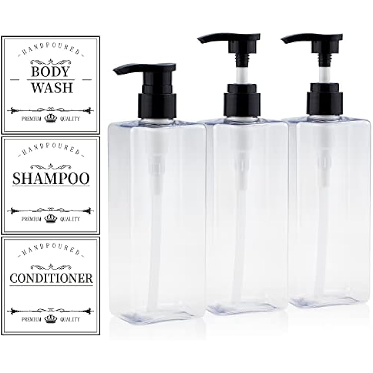 Square Plastic Bottles with Pump, Kimqi 3 PCS Set 16 OZ  500ML Empty Refillable Bottle for Shampoo and Conditioner, Body Wash, Hand Wash,etc