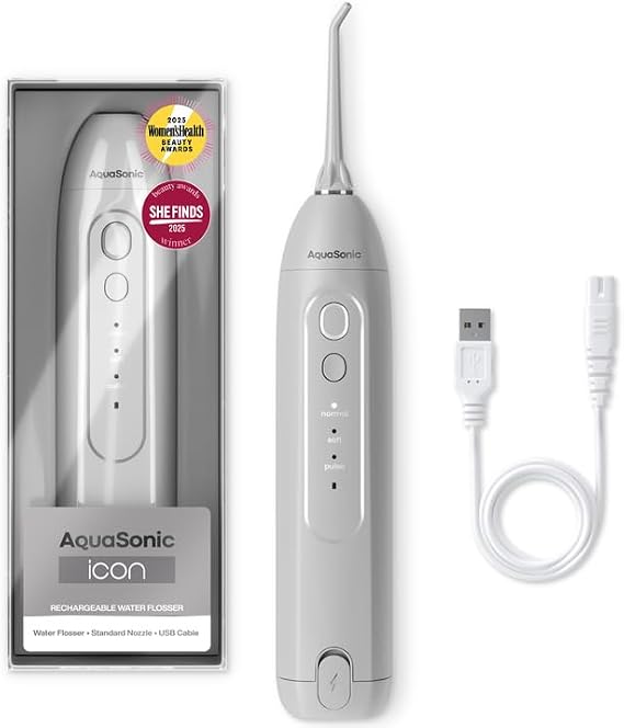 AquaSonic Icon Water Flosser for Teeth Cordless Rechargeable Oral Irrigator Waterproof, Portable Dental Cleaning with Jet Tip Braces Home Travel - Stone