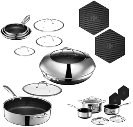 HexClad Hybrid Nonstick 20-Piece Cookware Set, 6-Piece Pan Set, 6-Piece Pot Set with 2 Trivets, 14" Wok with Lid, 5.5Qt Saute Pan with Lid, and 2-Piece Silicone Trivet Set
