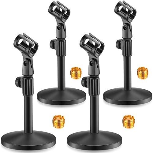 Hoteam 4 Pcs Desktop Mic Stand Adjustable tabletop Mic Stand microphone desk stands with 58 Male to 38 Female Screw Metal Round Base for Table Desk Interviews, Black