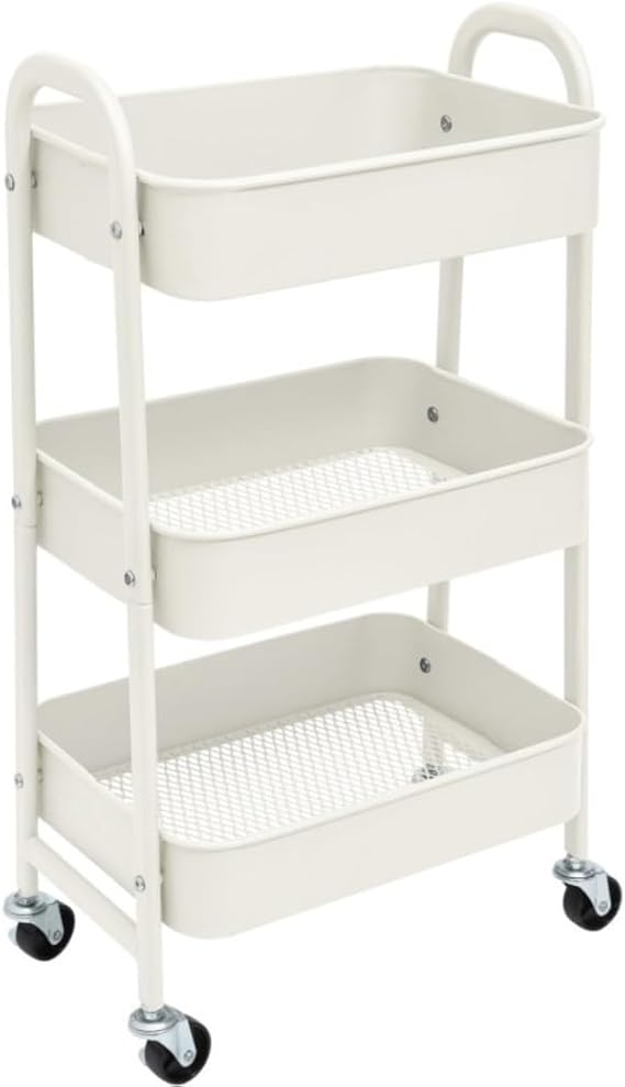 Beauty 3-Tier Metal Storage Trolley On Wheels Space Saving And Durable Rolling Cart For Kitchen Makeup Bathroom Office Trolley(White)