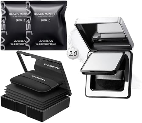 CARSLAN Makeup Blotting Paper with powder, 450 Sheets + 8 Refill Pads Bundle with 2.0 Black Magnet Soft Focus Powder, 02 Translucent For Oily Skin, 0.28Oz