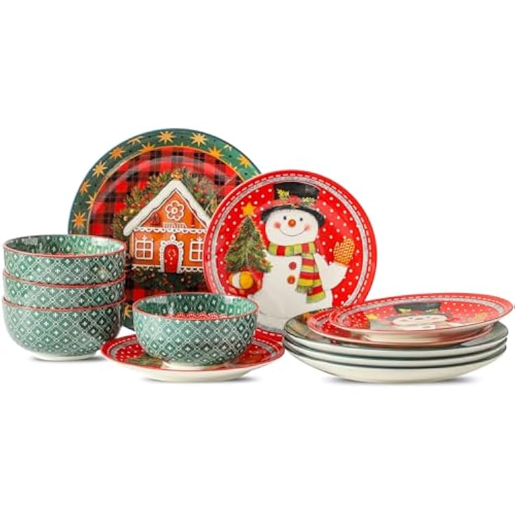 Hasense 12 Pieces Christmas Dinnerware Set, Ceramic Dish Plates and Bowls Red & Green Design, Dinnerware Sets for 4, Dishwasher & Microwave Safe Dishes Ideal for Christmas Gift