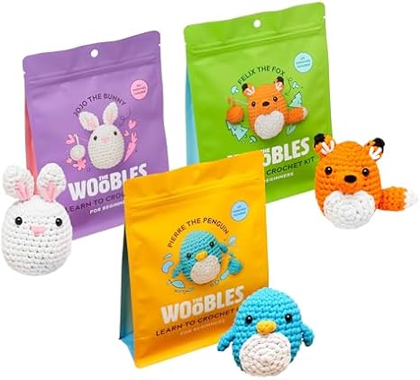 The Woobles Beginners Crochet Kit with Easy Peasy Yarn as seen on Shark Tank Bundle - with Step-by-Step Video Tutorials - Pierre The Penguin and Felix The Fox and JoJo The Bunny