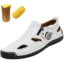 Men's Summer Slip On Leather Casual Shoes,Vintage Comfy Hand-Stitching Zipper Driving Walking Loafers Fashion Sneakers