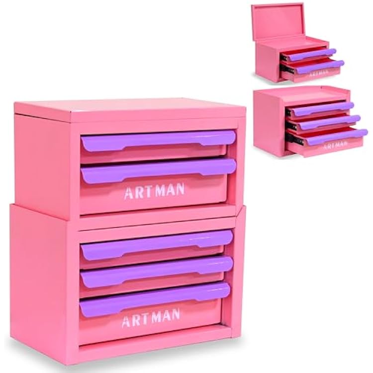 Mini Tool Box with Drawers, Small Tool Chest with Metal Handles for Office Workstation DIY, Portable Cosmetic Toolbox Cabinet & Table Top Toolboxes for Girls Gift Birthdays, Metal Pink  Purple