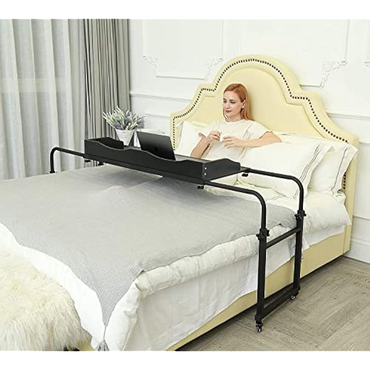 UNICOO Adjustable Overbed Table, Over the Bed Table with Wheels, Medical Overbed Table with Wheels Adjustable Height, Rolling Desk for FullQueenKing Bed, Sturdy Wood & Steel Frame 202-Black