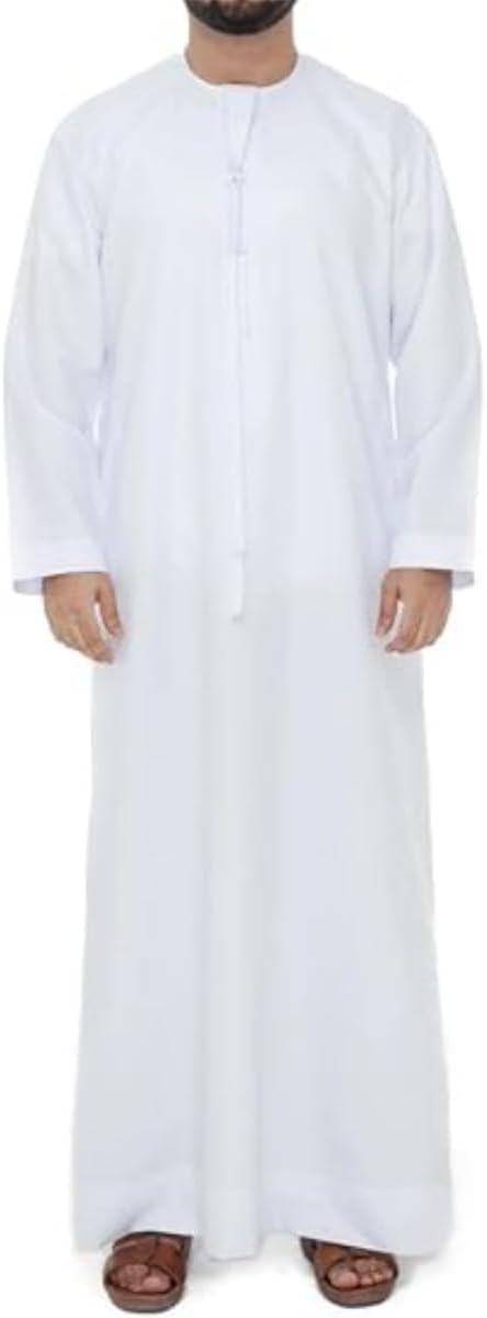 Men's Emarati Thobe, White Crew Neck Muslim Kandura, Long Sleeves Traditional Arabic Dishdasha, Hand Stitched Ramadan Middle East Ethnic Clothes Cuff Sleeve Daily Wear Islamic Clothing