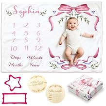 Personalized Baby Milestone Blanket with Name, Baby Monthly Blanket for Girl Boy, Flannel Newborn Growth Chart - Photography Background, Custom Newborn Gifts 50''x40'' (Pink Ribbon)