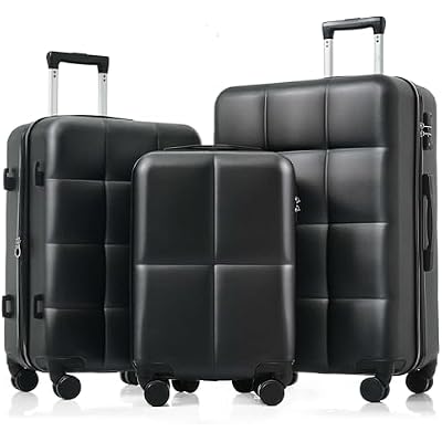 Hardshell Luggage Sets 3 Piece with Spinner Wheels, Black Luggage Set with TSA Lock & Hooks, Carry on Suitcase with Cup Holder, Lightweight, 202428in Black