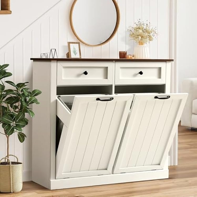 Grepatio Tilt Out Laundry Hamper Cabinet, 22 Gallon Double Hidden Laundry Hamper, Wooden Trash Can Cabinet with 2 Drawers, Farmhouse Garbage Can for Bathroom, Kitchen, Living Room White