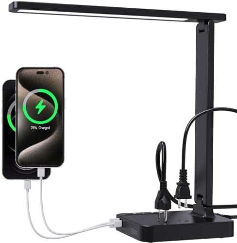 cozoo Desk Lamps for Home Office,Modern LED Desk Lamp for Dorm with 2 USB Charging PortsType C Port,2 AC Outlets,3 Lighting Mode,3 Level Brightness,Touch ControlTimerEye-Caring Foldable Table Lamp