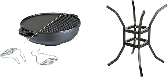 Lodge Cast Iron Cook-It-All Kit. Five-Piece Cast Iron Set includes a Reversible Grill/Griddle 14 Inch, 6.8 Quart Bottom/Wok, Two Heavy Duty Handles, and a Tips & Tricks Booklet. & Fire and Cook Stand