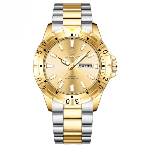 Poedagar Mens Business Watches Waterproof Luminous Date Week Stainless Steel Casual Quartz Luxury Casual Men Watch
