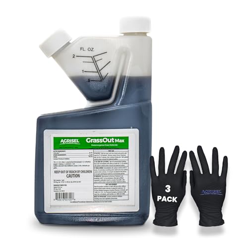 GrassOut Max Weed Killer, Targets 50 Grassy Weeds Without Harming Desired Plants, Pet Safe, Large Area Treatment, Easy Application, Includes 3-Pack of Agrisel Protective Gloves, 16 Ounces