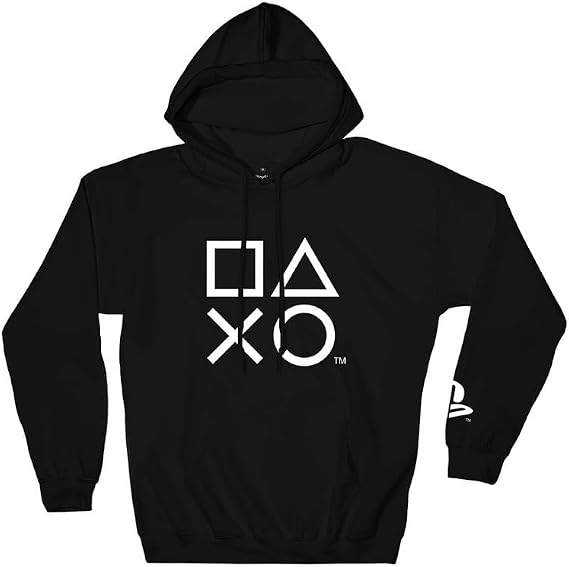 Ripple Junction Sony PlayStation Men's Pullover Hooded Sweatshirt PS Button Icons & Sleeve Print Symbol Officially Licensed