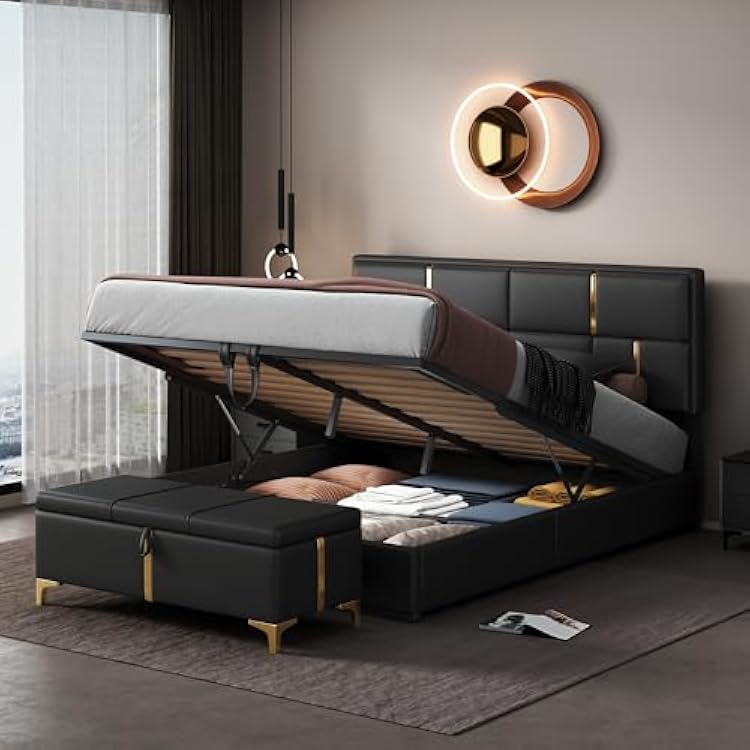 Upholstered Bedroom Furniture Set with Ottoman, Queen Upholstered Platform Bed with Hydraulic Storage System and Storage Ottoman, 2 Piece Bedroom Furniture Set Queen Size, Black