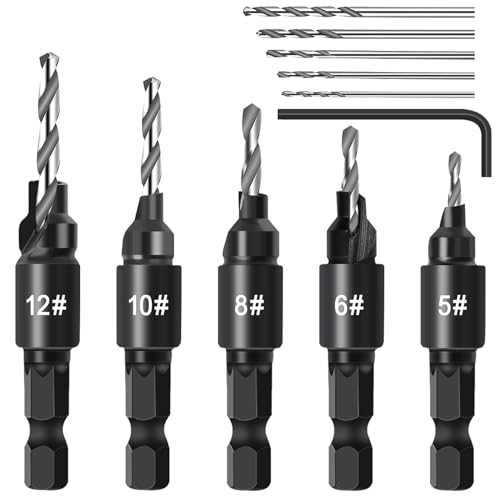 Countersink Drill Bit Set, 5Pcs Woodworking Counterbore Hole Drill Bits for Wood, 14 Hex Shank Quick Change Chamfered Adjustable Drilling Tool Kit on Pilot Counter Sink Holes for Woodworking