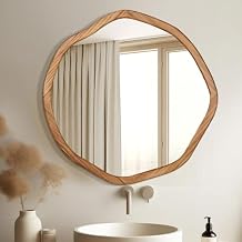 ULIKE Round Wood Mirror, 24 Inch Irregular Circle Vanity Wall Mirror with Wooden Frame, Rustic Decorative Wall Mount for Bathroom Bedroom Living Room Entryway, Rustic Brown