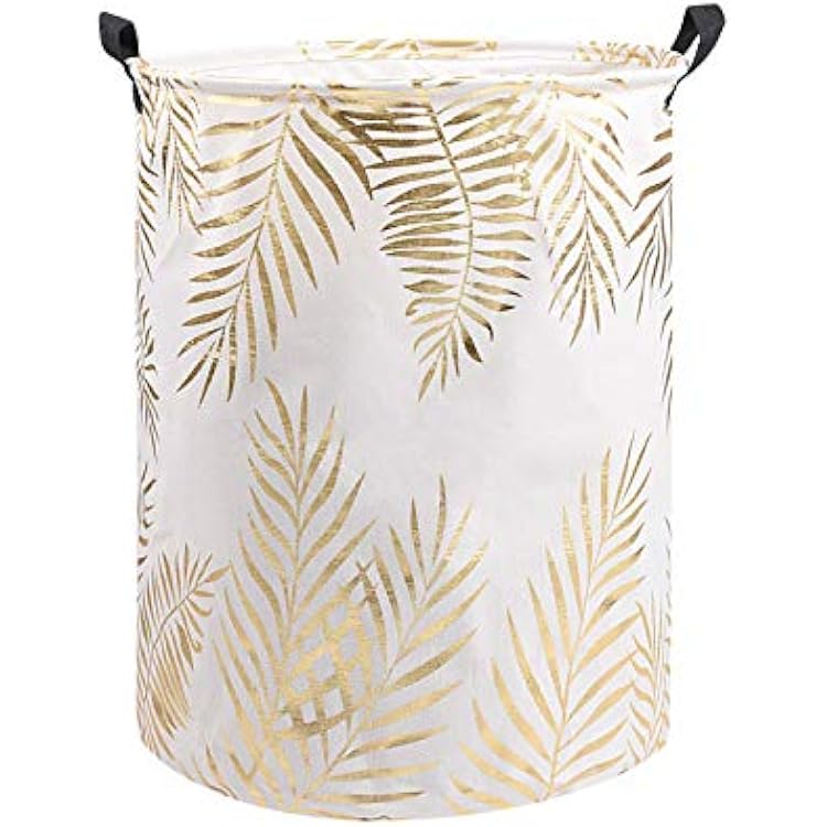 UUJOLY Collapsible Laundry Basket, Laundry Hamper with Handles Waterproof Round Cotton Linen Laundry Hamper Printing Household Organizer Basket, 19.7x15.7 inches Gold leaf