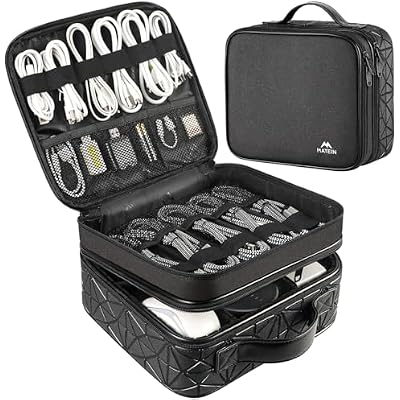 MATEIN Cable Organizer Bag, Waterproof Travel Electronic Storage with Adjustable Divider, Shockproof Portable Double Layer Tech Bags Carrying Case for Cord, Earbuds, Charger, SD Card, Tech Gifts
