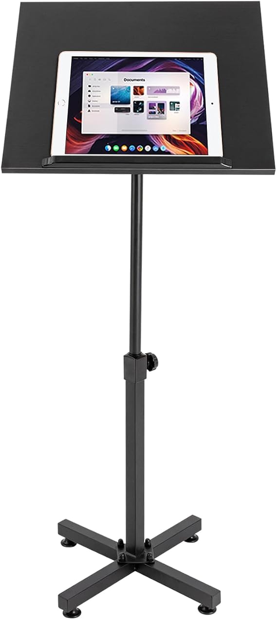 Lectern Podium Stand, Height Adjustable Laptop Table, Portable Presentation Standing Tilting Desktop with Edge Stopper for Classroom/Office & Church (Black)