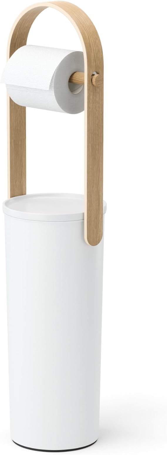 Umbra Bellwood Toilet Paper Holder, with Storage, 3 Rolls, White/Natural | Wood accents, compact for small spaces, built-in tray, recycled plastic