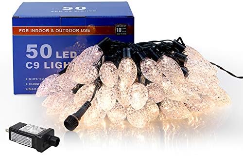 Hopolon C9 Christmas String Lights, 8Modes 50 LED 33ft Outdoor Decoration Lights with 30V Safe Adaptor, Extendable Green Wire String Lights for Patio Xmas Tree Wedding Party Decoration, Warm White