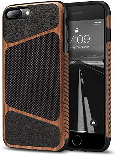 Tasikar Compatible with iPhone 7 Plus and iPhone 8 Plus Case, Wood Grain and Nylon Fabric Leather Design, Slim Profile, Wireless Charging, Black, Hybrid Case