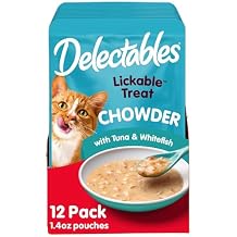 Delectables Lickable Treat Chowder Wet Cat Treat with Real Tuna & Whitefish, Food Topper, Hydrating, Grain-Free, No Fillers, By-Products, Added Preservatives, 1.4oz Pouch, 12ct