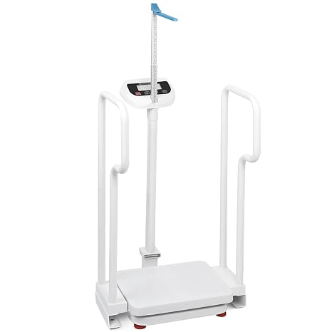 Scale with Handle, Scale for Seniors with Balance Handle, Standing Scales with Handrails, 485lbs Weight Capacity, HD LED Display, USB Rechargeable