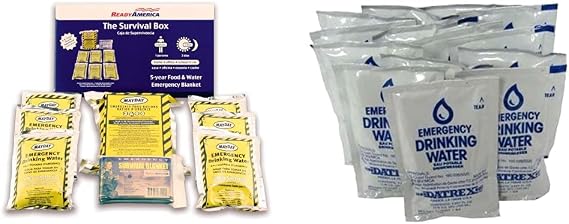 Ready America The Survival Box & Datrex Emergency Water Packet 4.227 oz - 3 Day/72 Hour Supply (18 Packs), White
