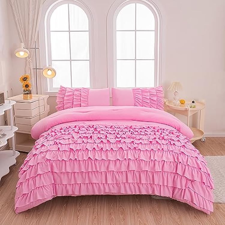 MWMWMW Pink Ruffle Comforter Set Twinfor Girls, Girls Princess Comforter Set Twin, Pink Bedding Sets for Kids with 2 Pillowcases