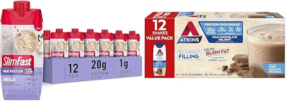 SlimFast Protein Shake, Vanilla- 20g Protein, Meal Replacement Shake Ready to Drink & Atkins Milk Chocolate Delight Protein Shake, 15g Protein, Low Glycemic, 2g Net Carb, 1g Sugar