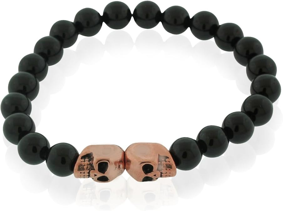 Stainless Steel Black Double Skull Beaded Stretch Bracelet, 8"