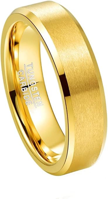 6MM 14K Gold-Plated Tungsten Carbide Rings for Men Brushed Finish/Matte Finish Wedding Band Comfort Fit Size 5-14