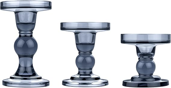 Lewondr Glass Candle Holders, 3 Pieces Crystal Clear Candlesticks with Elegant Design for Pillar Taper Candle and Tea Light, Home Table Living Room Wedding Party Decorations Home Decor - Smoky Blue