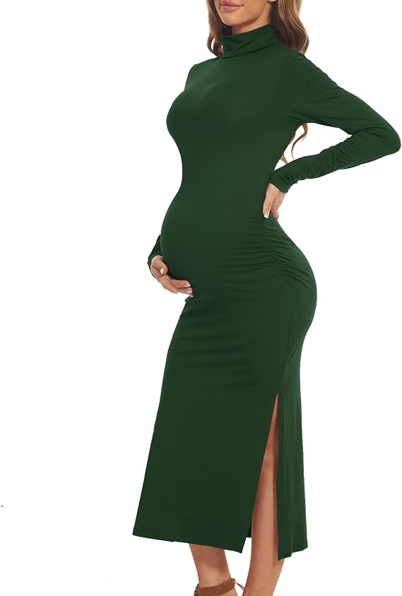 guruixu Turtleneck & Long Sleeve Maternity Dress for Photoshoot Baby Shower, Winter Split Ruched Bodycon Pregnancy Clothes