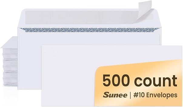 SUNEE #10 Security-Tinted Self Seal Envelopes 500 Pack White Windowless Mailing Envelopes, 24LB Printer Friendly for Business, Home & Office Use (4-1/8 x 9-1/2")